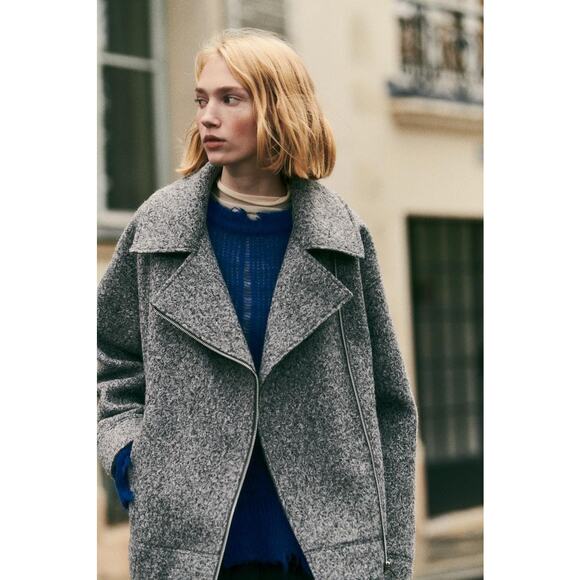 Zara Boucle Coat Gray Women’s Medium Oversized Peacoat Textured - Picture 8 of 13